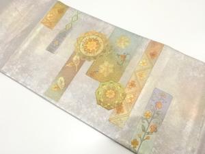 引箔　華紋に草花模様　刺繍　袋帯